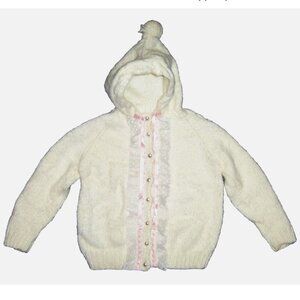 Vintage 80s Hand Knit Toddler Little Girl Hooded Cardigan Sweater Cream w/ Lace